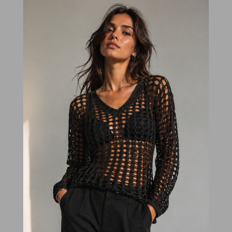 Top de mujer informal de ajuste holgado con cuello en V, diseño calado para toda estaciones