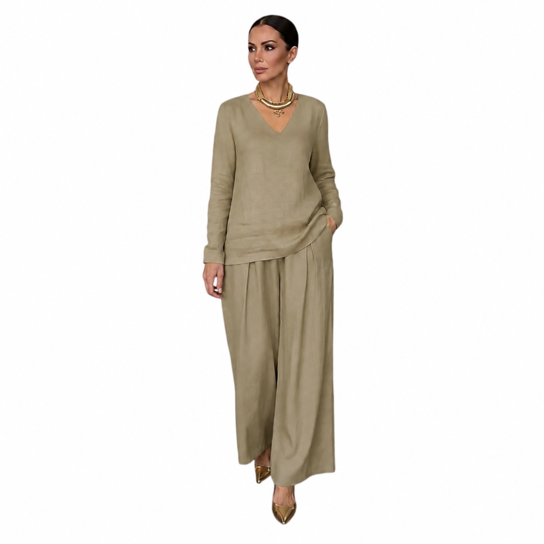 Conjunto para mujer con cuello en V y pantalón de pierna ancha