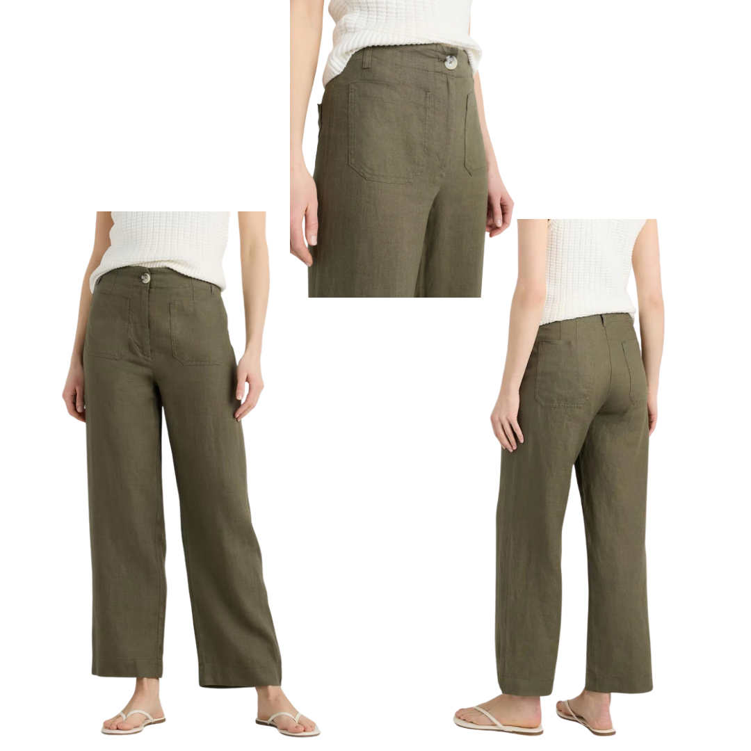 Pantalones de pierna ancha con bolsillos de parche, 100 % lino europeo