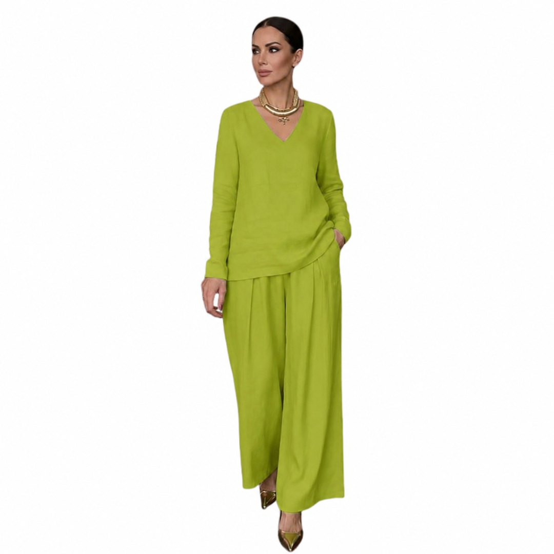 Conjunto para mujer con cuello en V y pantalón de pierna ancha