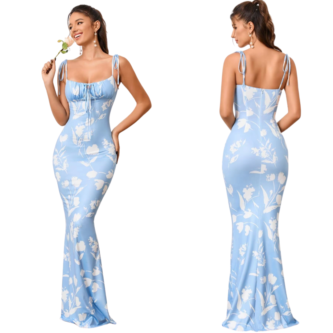 Vestido de tirantes ajustado con estampado floral y lazo al frente