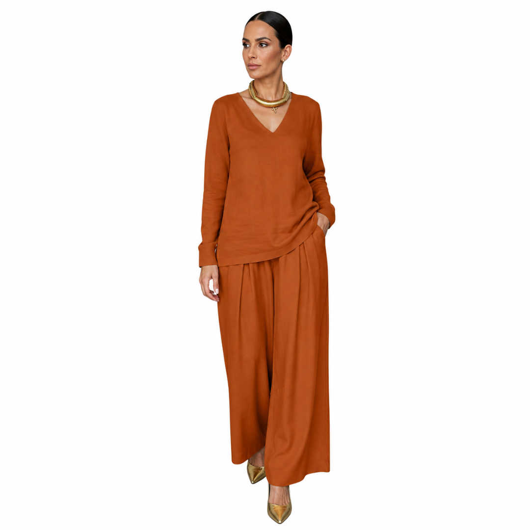 Conjunto para mujer con cuello en V y pantalón de pierna ancha