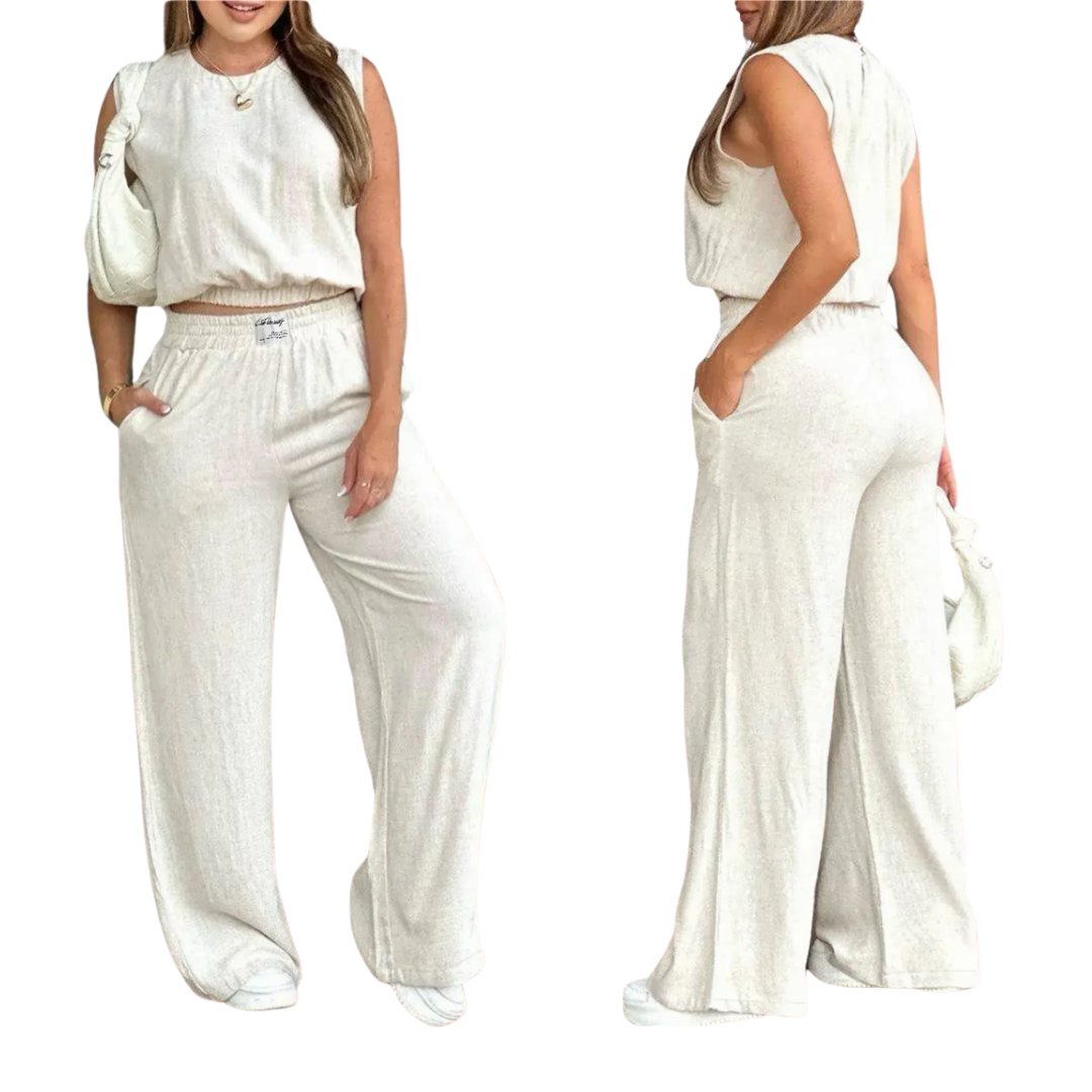 Conjunto 2 Piezas de lino para Mujer, Top Tirante Liso y Pantalones de Pierna Ancha