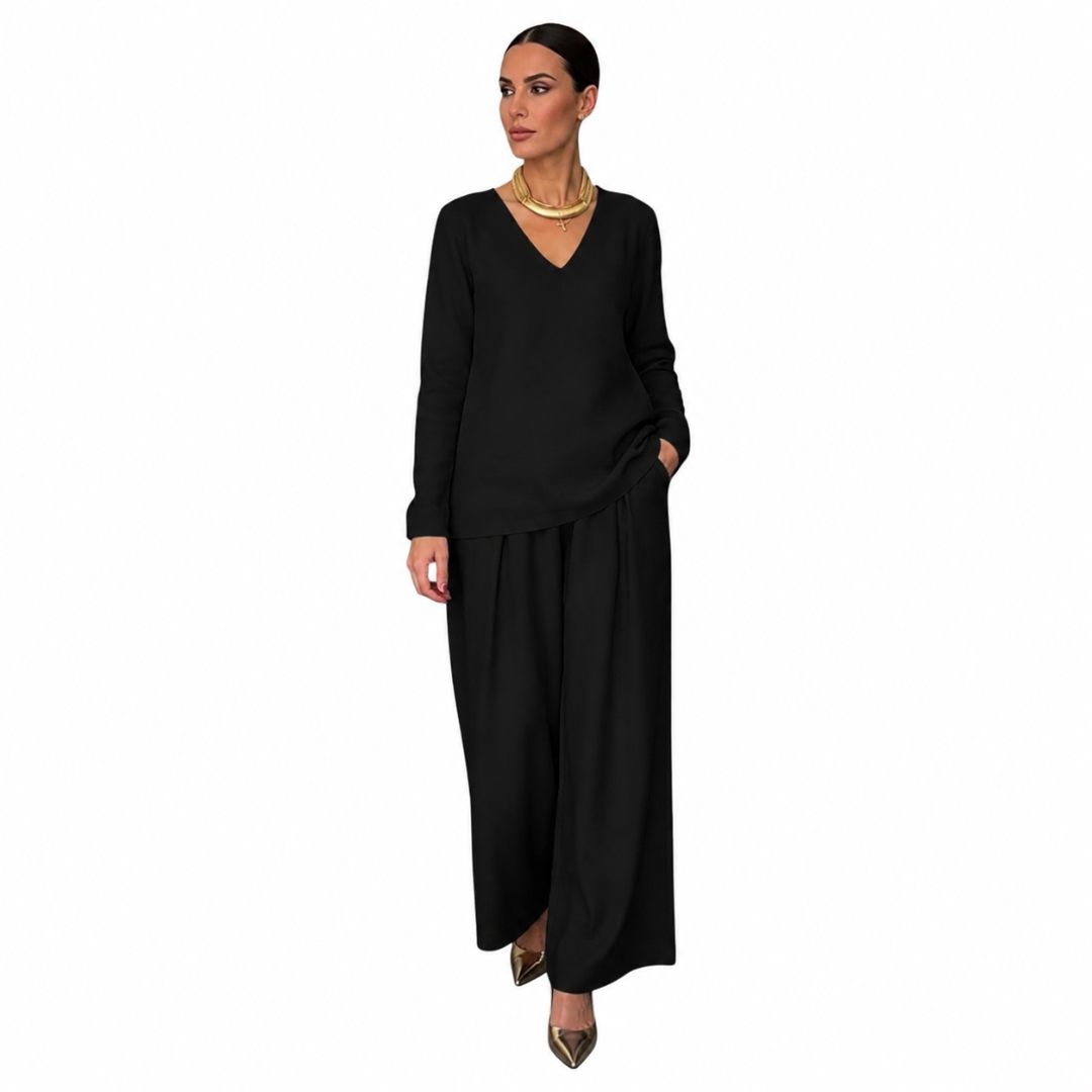 Conjunto para mujer con cuello en V y pantalón de pierna ancha