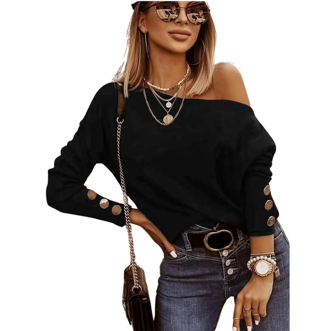 Camiseta de mujer con cuello asimétrico y botones decorativos
