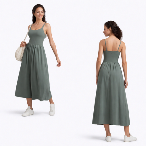 Vestido Maxi de Cuello Cuadrado para Mujer- Atuendos Casuales de Viaje Fluidos Sin Mangas Acolchados con Bolsillos Laterales