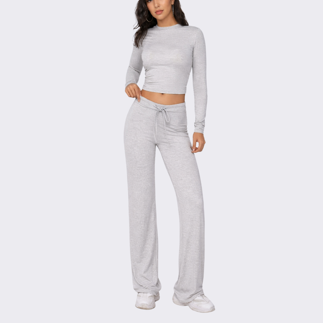 Conjunto 2 piezas para mujer: top corto de manga larga liso y pantalones rectos con cordón