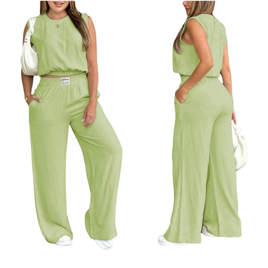 Conjunto 2 Piezas de lino para Mujer, Top Tirante Liso y Pantalones de Pierna Ancha