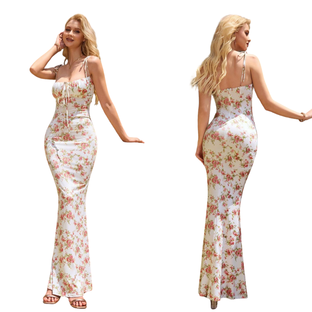 Vestido de tirantes ajustado con estampado floral y lazo al frente