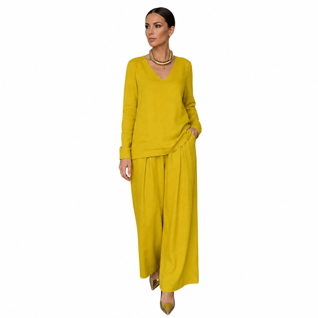 Conjunto para mujer con cuello en V y pantalón de pierna ancha