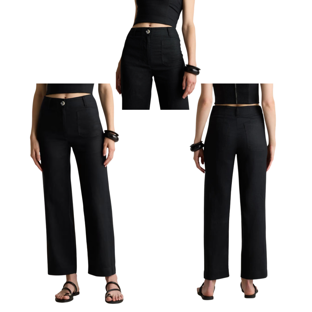 Pantalones de pierna ancha con bolsillos de parche, 100 % lino europeo