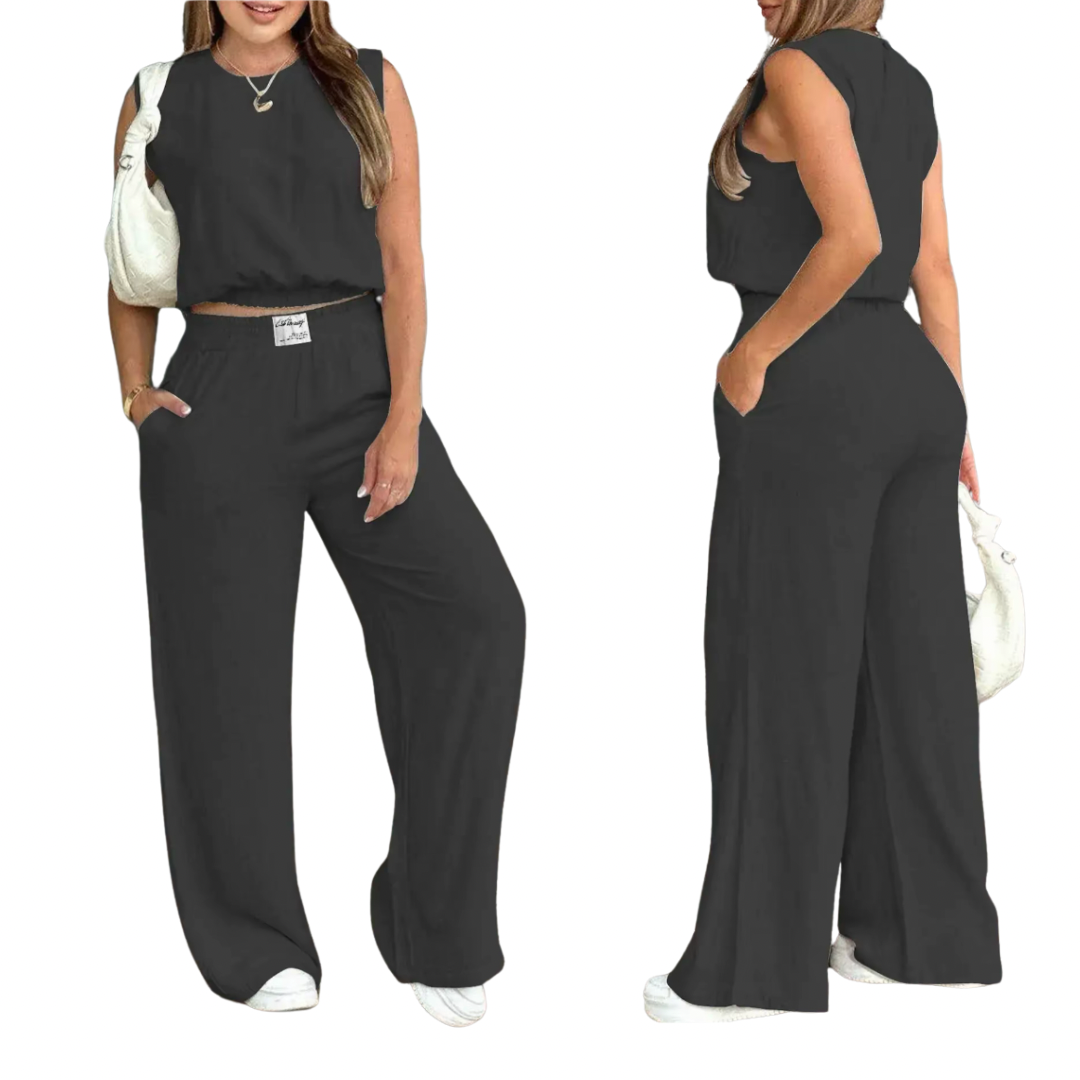 Conjunto 2 Piezas de lino para Mujer, Top Tirante Liso y Pantalones de Pierna Ancha