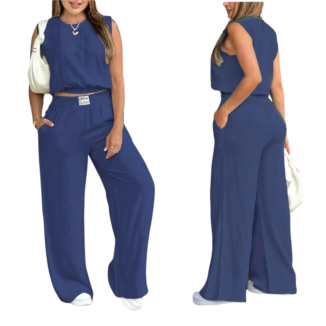 Conjunto 2 Piezas de lino para Mujer, Top Tirante Liso y Pantalones de Pierna Ancha