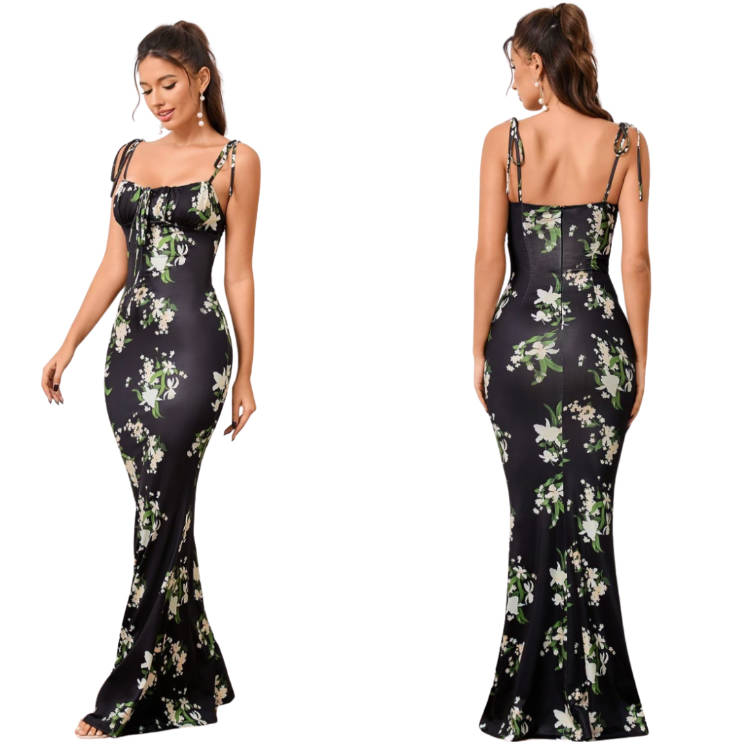 Vestido de tirantes ajustado con estampado floral y lazo al frente