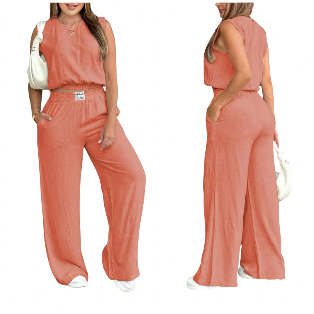 Conjunto 2 Piezas de lino para Mujer, Top Tirante Liso y Pantalones de Pierna Ancha