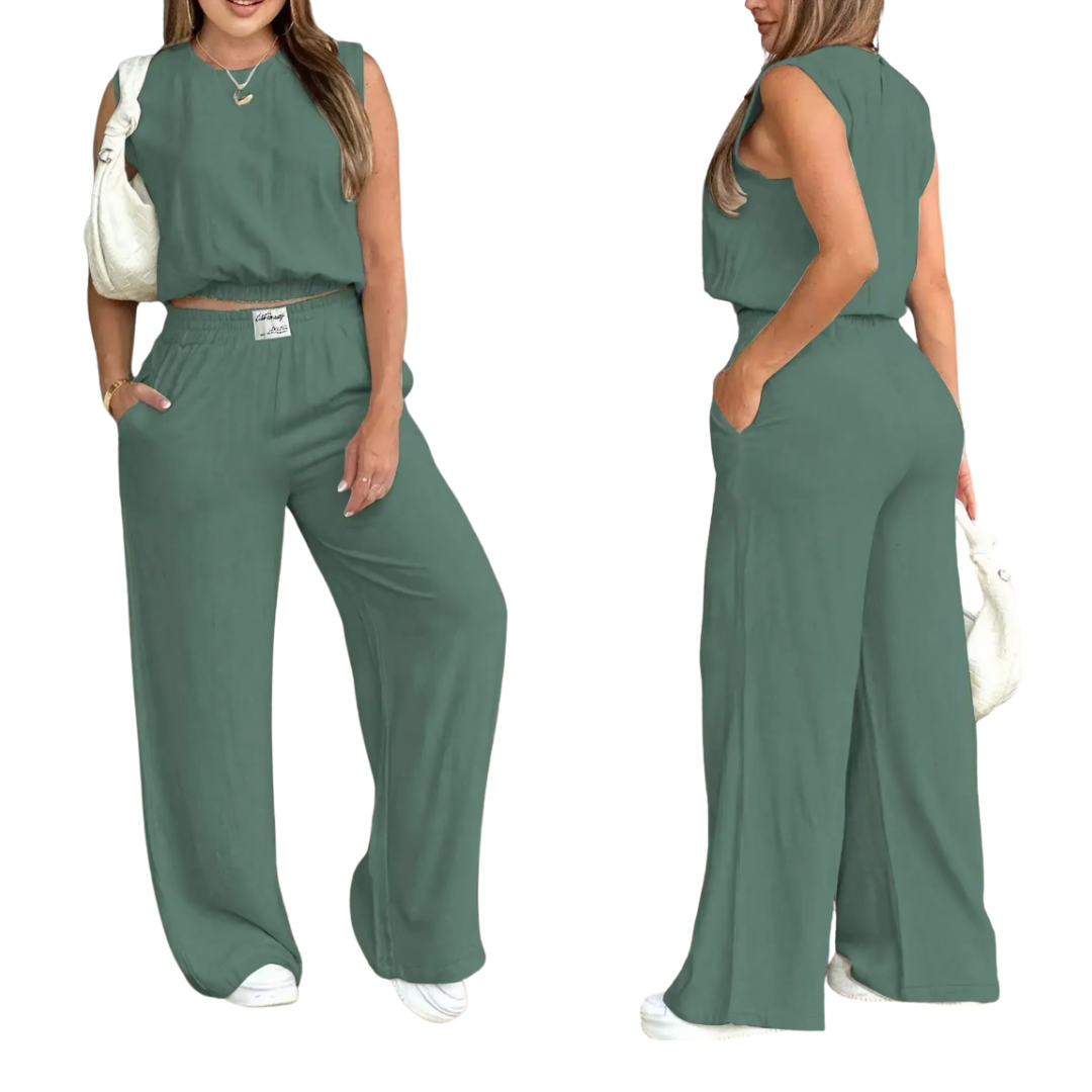 Conjunto 2 Piezas de lino para Mujer, Top Tirante Liso y Pantalones de Pierna Ancha