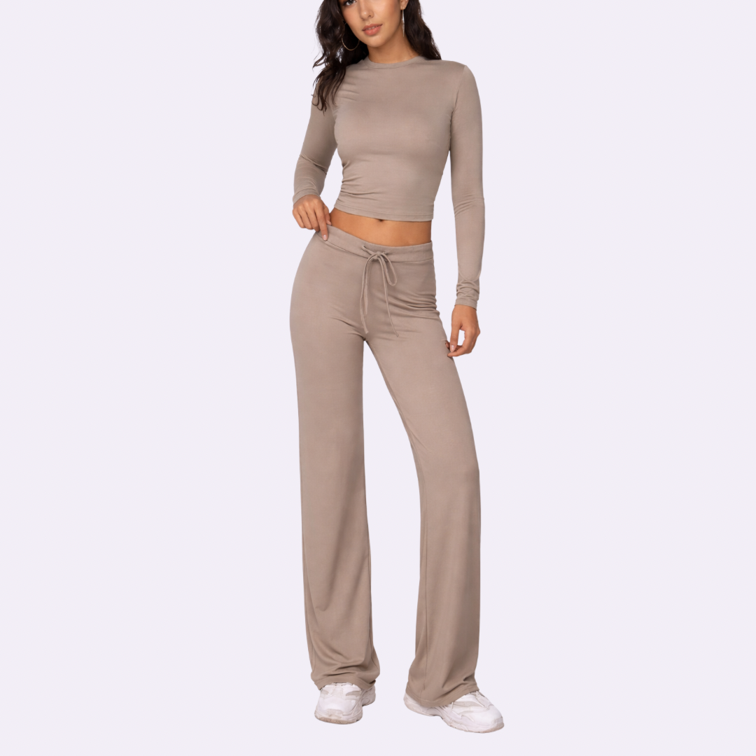 Conjunto 2 piezas para mujer: top corto de manga larga liso y pantalones rectos con cordón