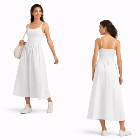 Vestido Maxi de Cuello Cuadrado para Mujer- Atuendos Casuales de Viaje Fluidos Sin Mangas Acolchados con Bolsillos Laterales