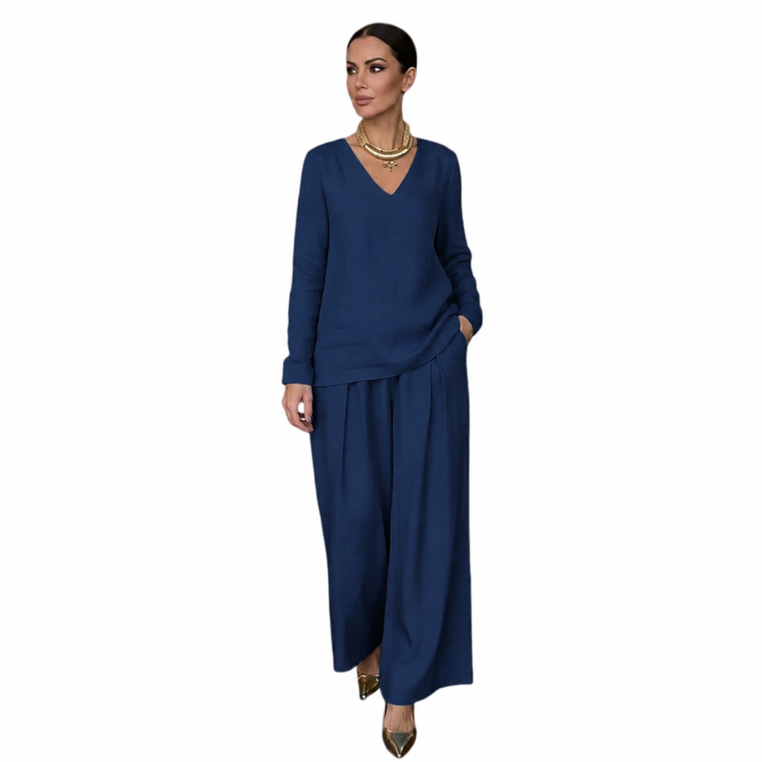 Conjunto para mujer con cuello en V y pantalón de pierna ancha