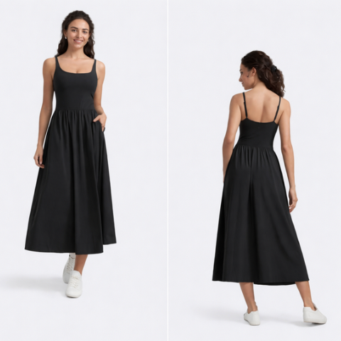 Vestido Maxi de Cuello Cuadrado para Mujer- Atuendos Casuales de Viaje Fluidos Sin Mangas Acolchados con Bolsillos Laterales