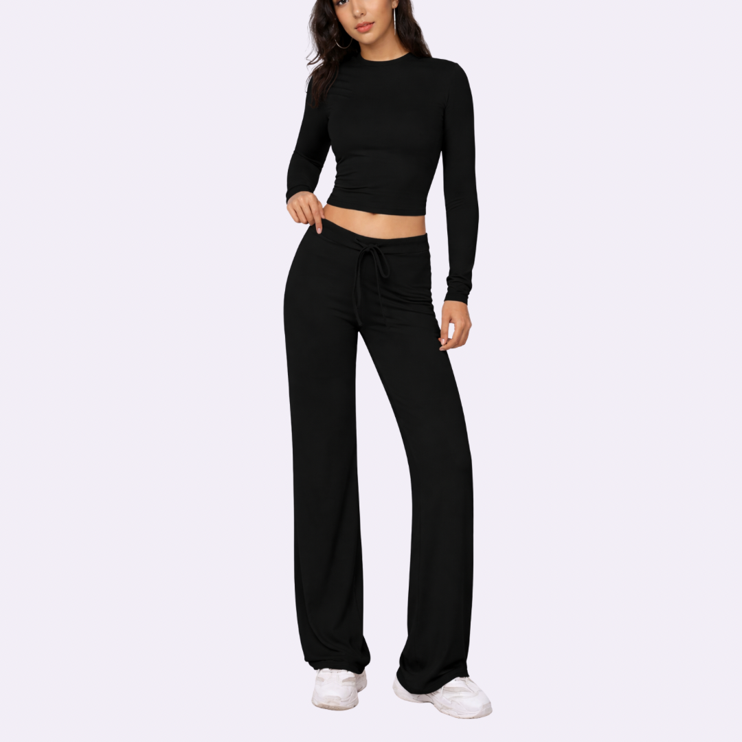 Conjunto 2 piezas para mujer: top corto de manga larga liso y pantalones rectos con cordón