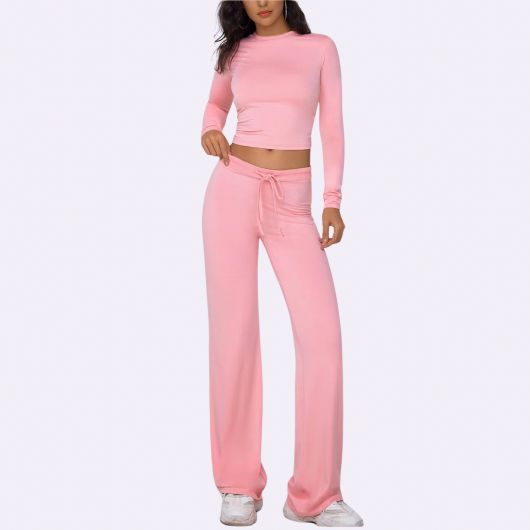Conjunto 2 piezas para mujer: top corto de manga larga liso y pantalones rectos con cordón