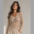 Top de mujer informal de ajuste holgado con cuello en V, diseño calado para toda estaciones