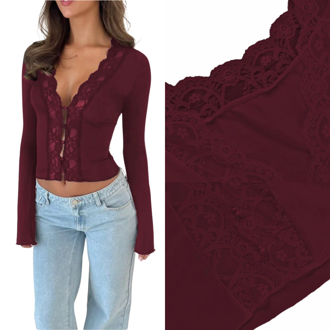 Camiseta de mujer con encaje y botones delanteros