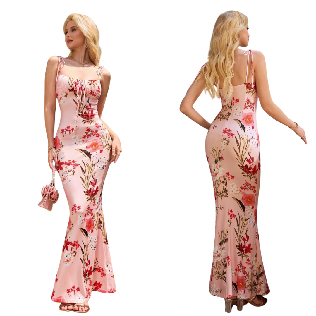 Vestido de tirantes ajustado con estampado floral y lazo al frente