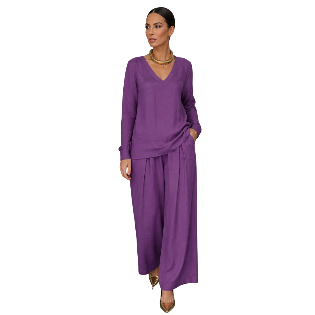 Conjunto para mujer con cuello en V y pantalón de pierna ancha