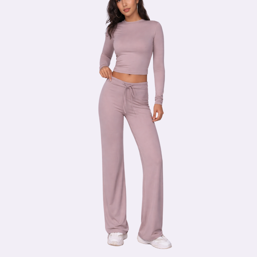 Conjunto 2 piezas para mujer: top corto de manga larga liso y pantalones rectos con cordón