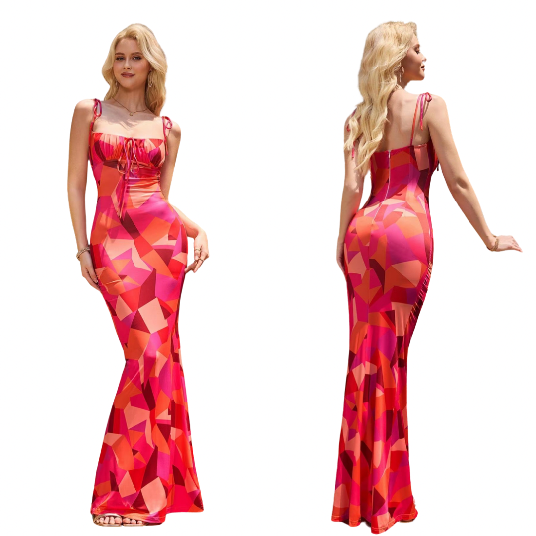 Vestido de tirantes ajustado con estampado floral y lazo al frente