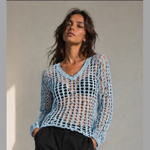 Top de mujer informal de ajuste holgado con cuello en V, diseño calado para toda estaciones