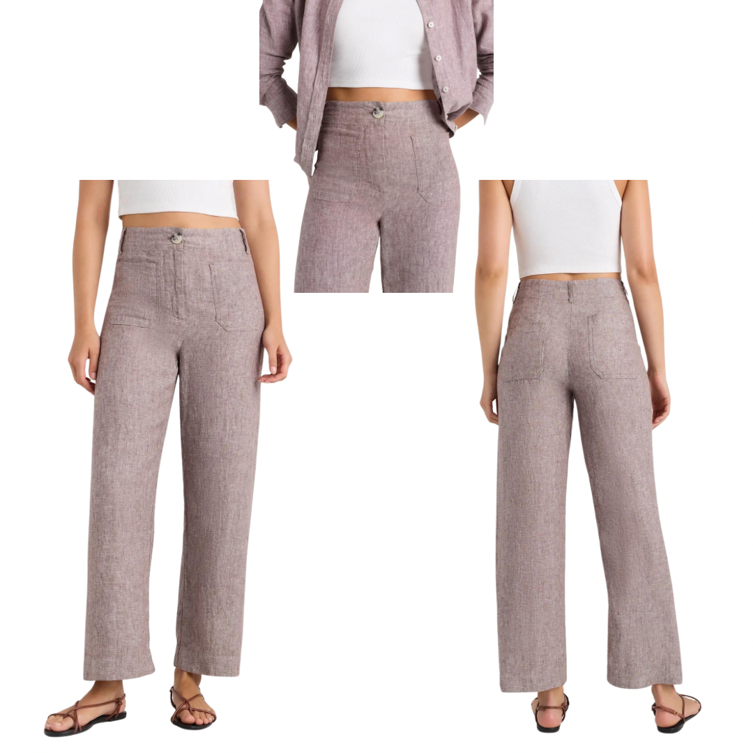 Pantalones de pierna ancha con bolsillos de parche, 100 % lino europeo