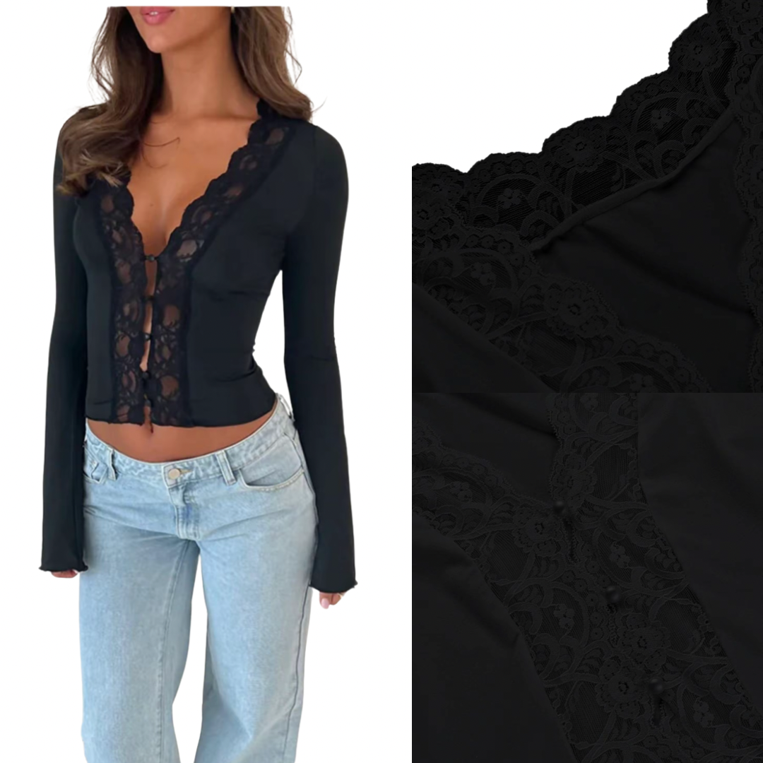 Camiseta de mujer con encaje y botones delanteros