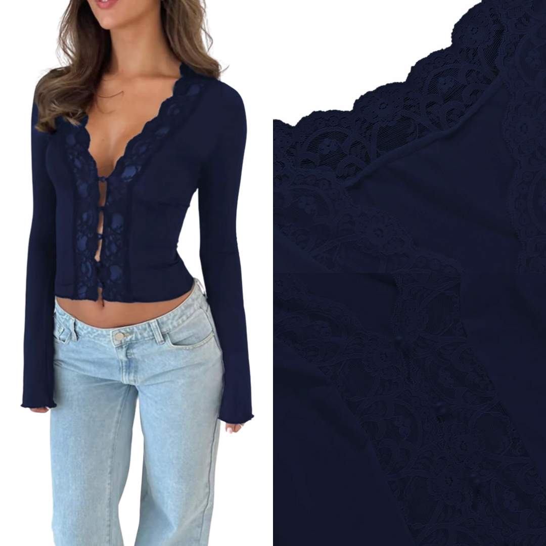 Camiseta de mujer con encaje y botones delanteros