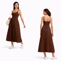 Vestido Maxi de Cuello Cuadrado para Mujer- Atuendos Casuales de Viaje Fluidos Sin Mangas Acolchados con Bolsillos Laterales