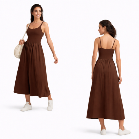 Vestido Maxi de Cuello Cuadrado para Mujer- Atuendos Casuales de Viaje Fluidos Sin Mangas Acolchados con Bolsillos Laterales