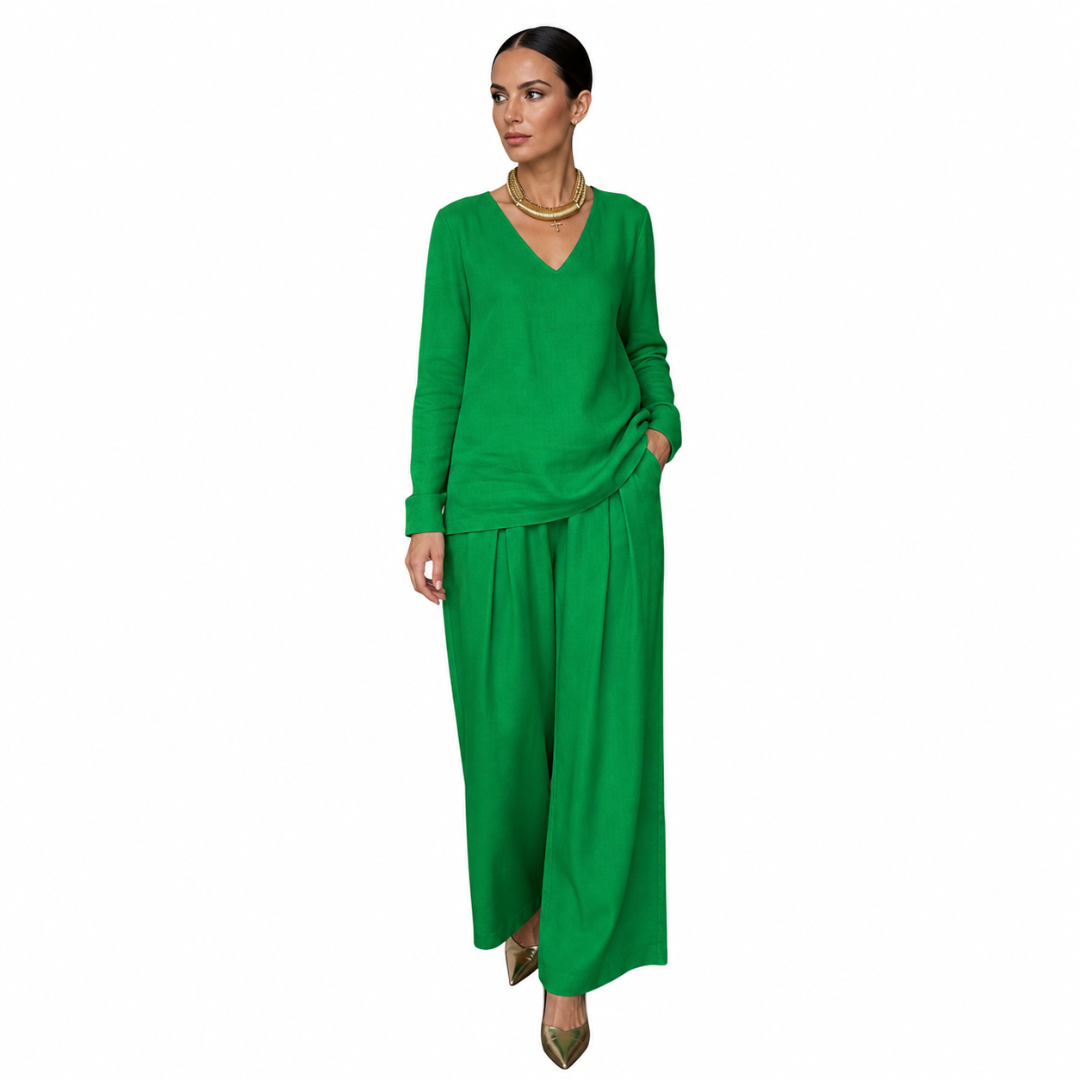 Conjunto para mujer con cuello en V y pantalón de pierna ancha