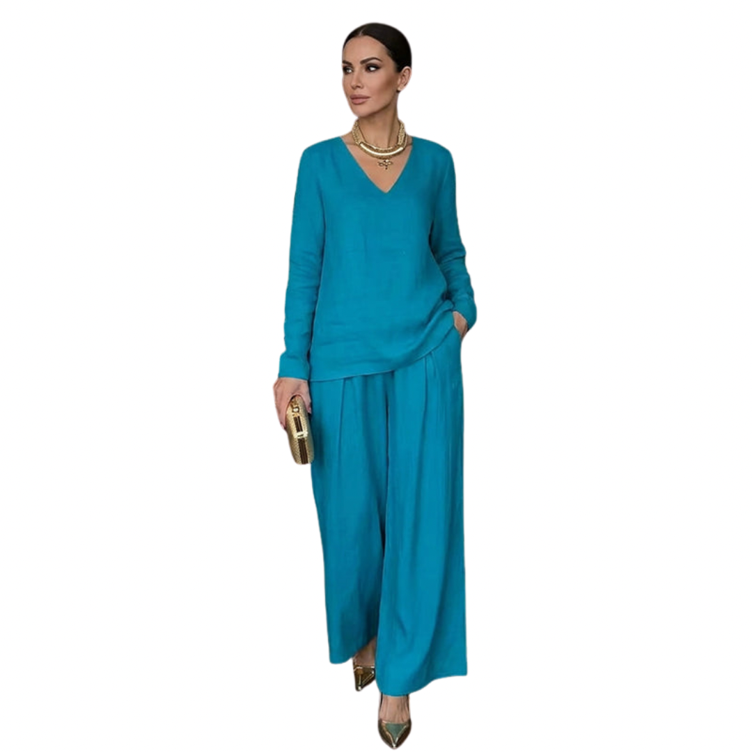 Conjunto para mujer con cuello en V y pantalón de pierna ancha