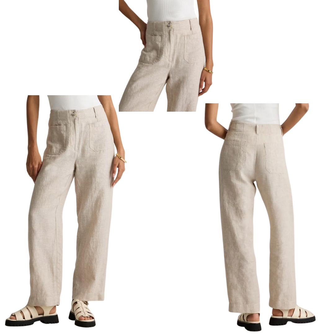 Pantalones de pierna ancha con bolsillos de parche, 100 % lino europeo