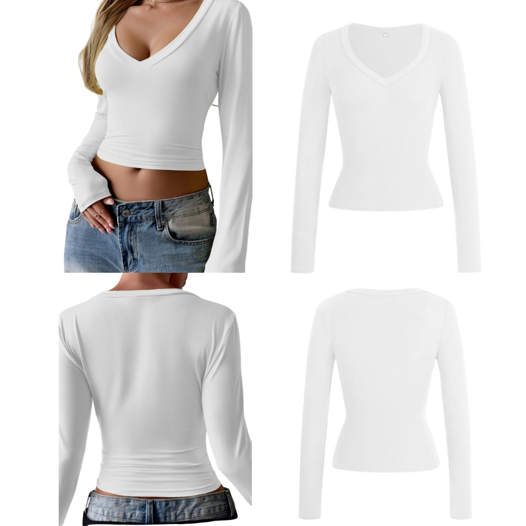 Camiseta con cuello en V y manga larga