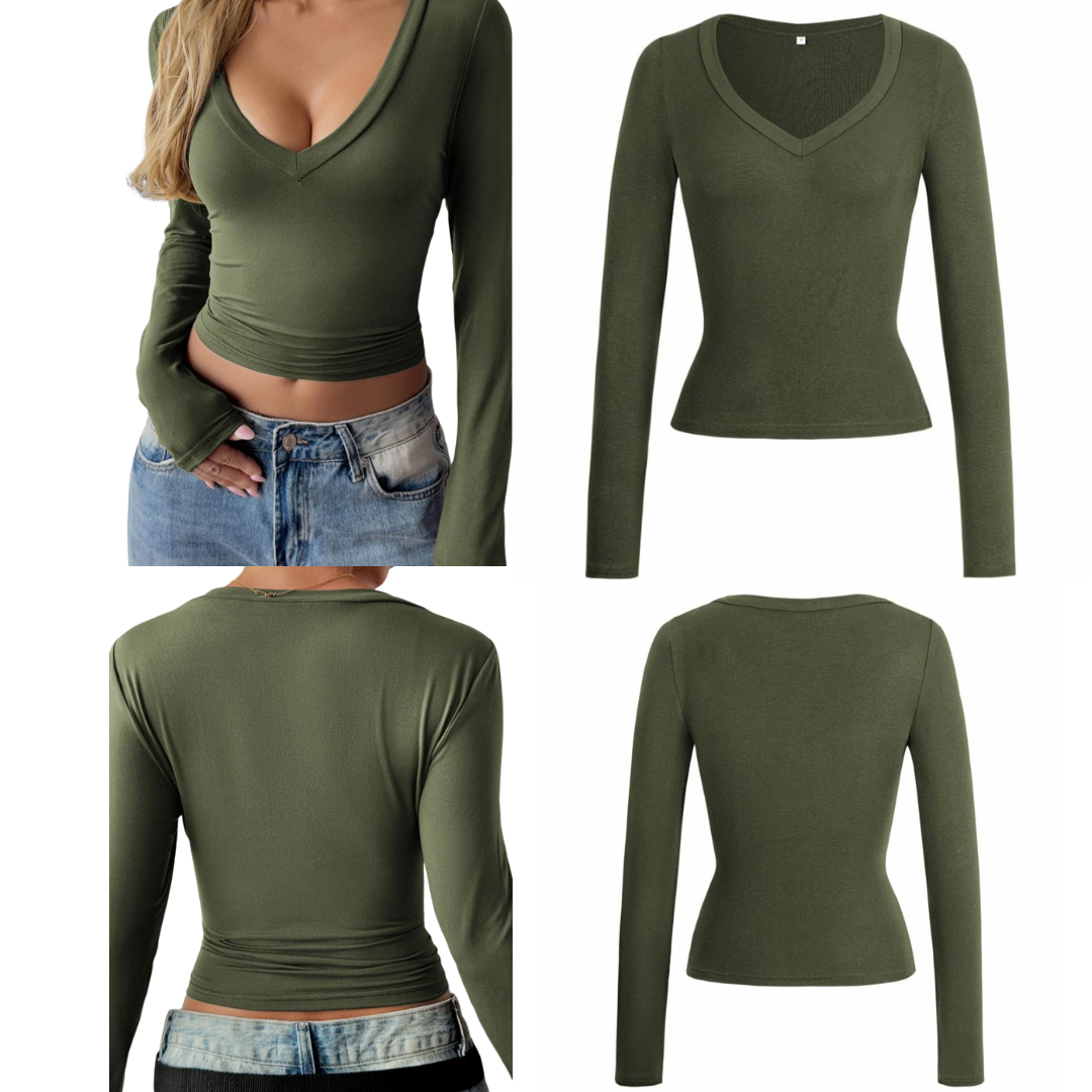 Camiseta con cuello en V y manga larga