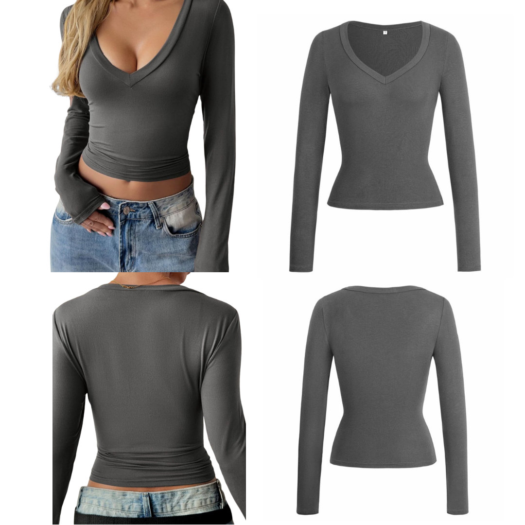 Camiseta con cuello en V y manga larga