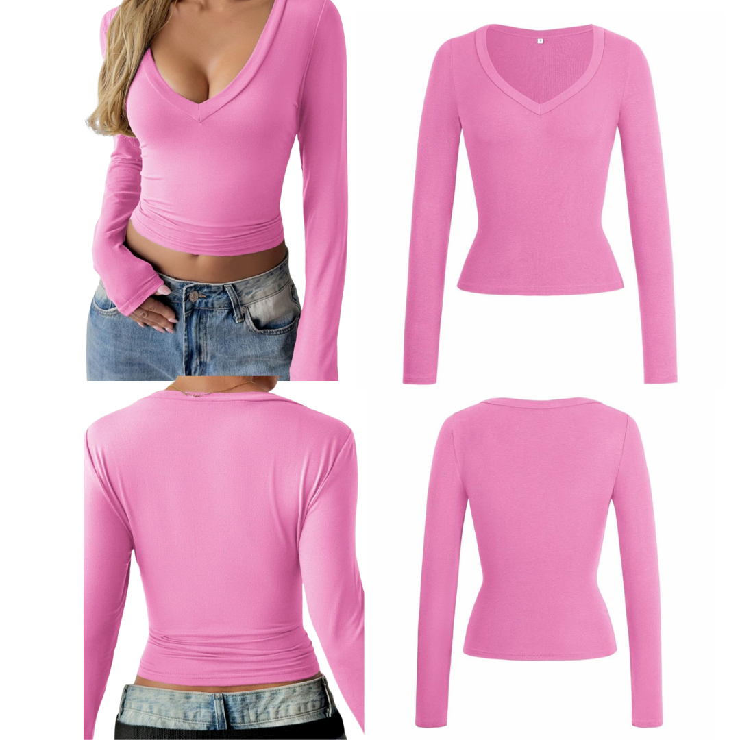 Camiseta con cuello en V y manga larga