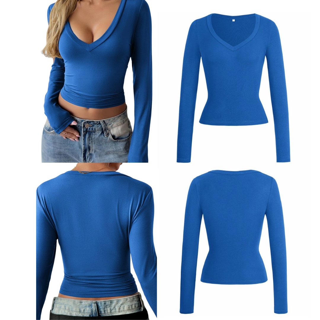 Camiseta con cuello en V y manga larga