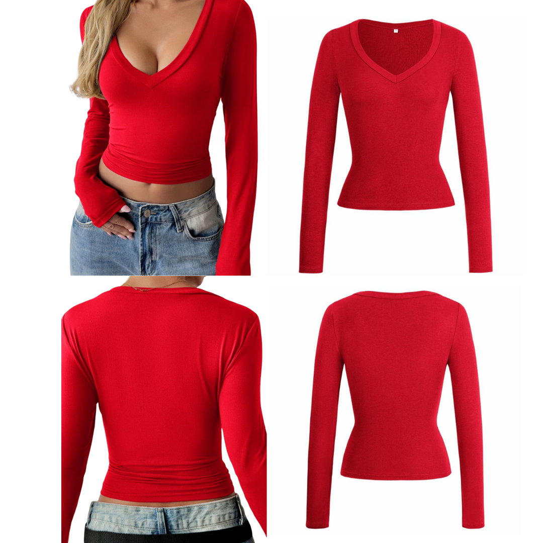 Camiseta con cuello en V y manga larga
