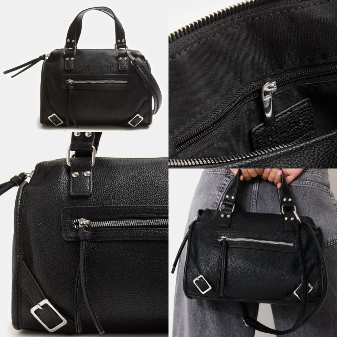 Bolso de imitación piel granulada con detalles de tachuelas y hebillas
