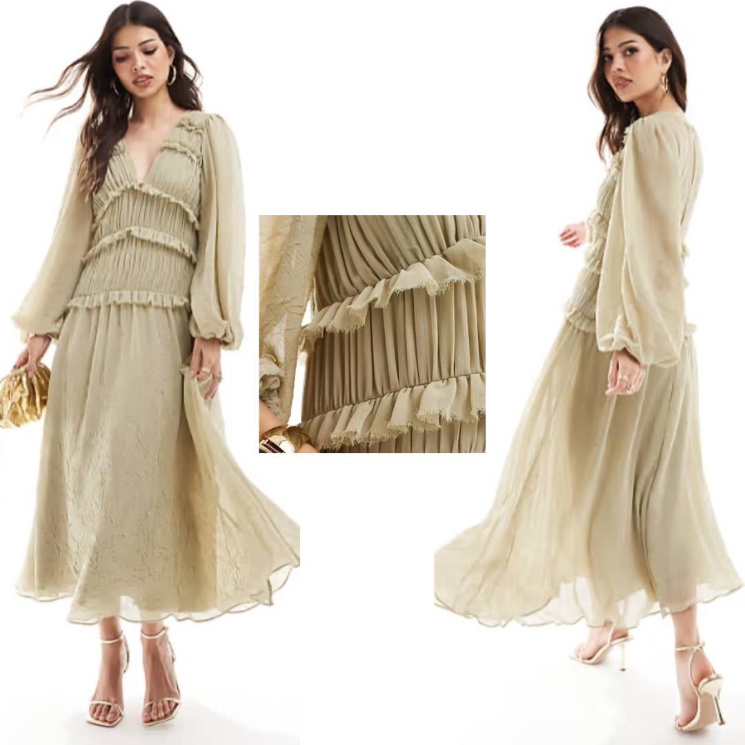 Vestido midi verde oliva con cuello escotado y volantes