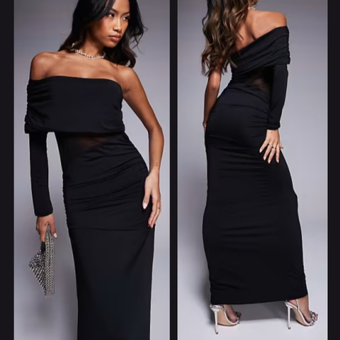 Vestido largo asimétrico con escote Bardot y panel de malla